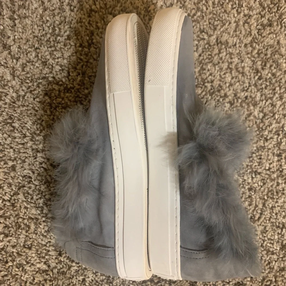 RACHEL ZOE Grey Suede Slip Ons Burke Fur Sz 7.5M Women’s GUC